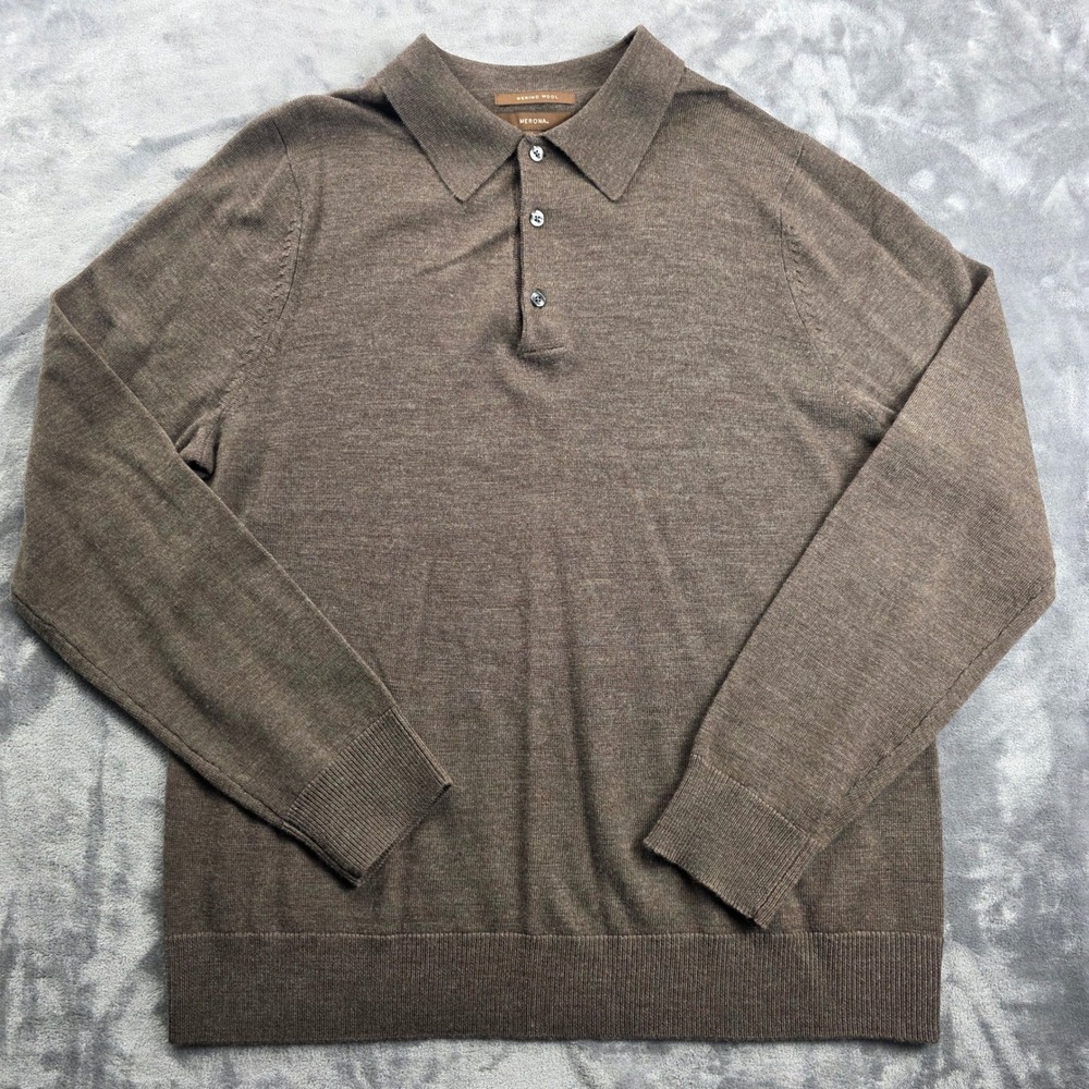 Merona Polo Sweater Mens Large Brown 100% Merino Wool Long Sleeve Button Knit